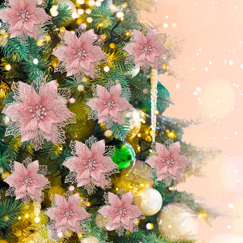 Geosar 36 Pcs 3 Size Christmas Poinsettia Flowers 3'' 4'' 6'' Tree Decorations Glitter Faux Flowers Xmas Artificial Poinsettia Ornaments New Year for Party Favor(Rose Gold) - Image 3