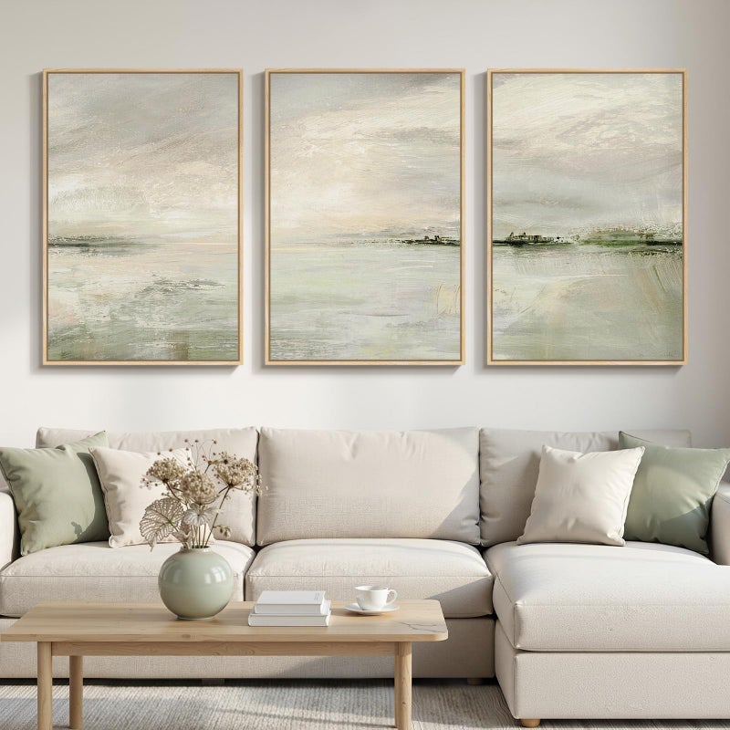 Cuspin Large Framed Sage Green Abstract Landscape Wall Art for Living Room, 3 Piece Modern Canvas Prints Paintings Artwork for Walls, Oversized Pictures for Hallway Dining Bedroom Office Wall Decor 24x36 In - Image 1
