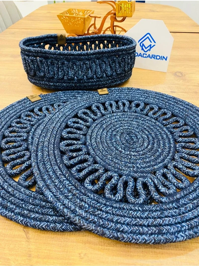 BDZ Deri BDZ Leather Jute Wicker American Service Plate and Basket 3 Pieces