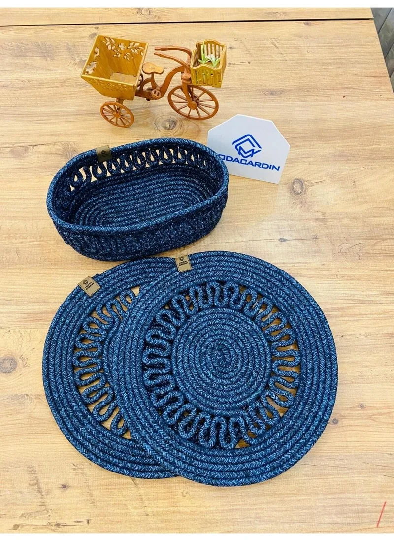 BDZ Deri BDZ Leather Jute Wicker American Service Plate and Basket 3 Pieces