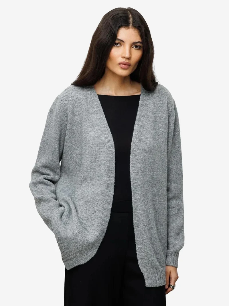Mixray Grey MIXRAY Oversized Ribbed Knitwear Cardigan for Women | Best Price UAE