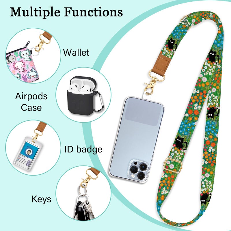 Piefly Phone Lanyard Crossbody Wrist Strap, Black Cat Flower Cell Phone Lanyards for Around the Neck Wristlet Shoulder, Adjustable Cute Strap for Car Keys Keychain Wallet ID Badge - Image 4