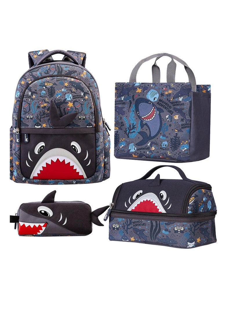 Nohoo Kids 16 Inch School Bag With Lunch Bag, Handbag And Pencil Case (Set Of 4) Shark - Grey - Image 1