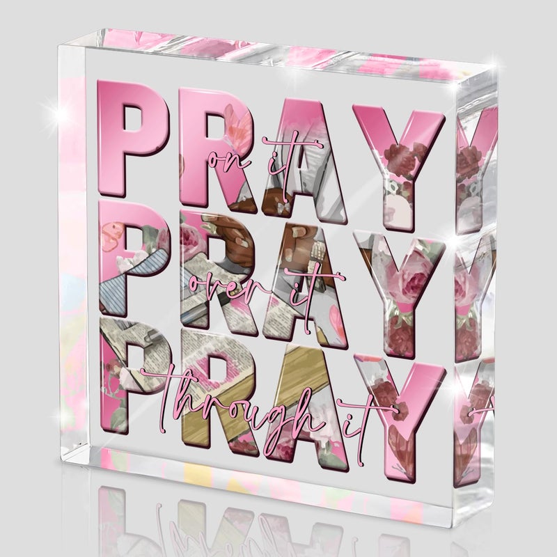 zaxek Religious Gifts for Women, Pink Inspirational Decor Pray Over It Bible Verse Art Christian Gifts, 4x 4 Inches Office Desk Accessories Decor Sign - Image 1