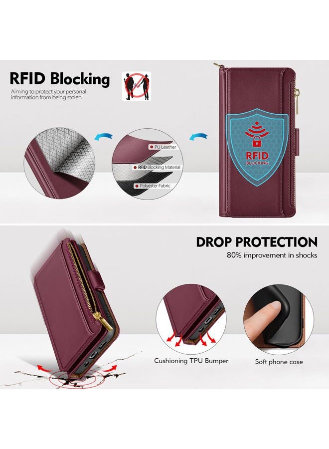 Antsturdy for Samsung Galaxy A54 5G Wallet case 【RFID Blocking】【Zipper Poket】【7 Card Slot】 PU Leather Flip Folio Protective Cover Credit Card Holder with Wrist Strap Men Women,Wine Red - Image 5