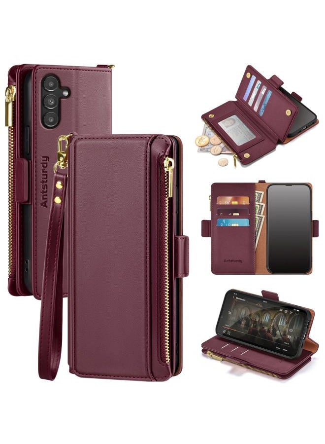 Antsturdy for Samsung Galaxy A54 5G Wallet case 【RFID Blocking】【Zipper Poket】【7 Card Slot】 PU Leather Flip Folio Protective Cover Credit Card Holder with Wrist Strap Men Women,Wine Red - Image 1