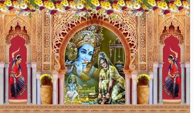 Backdropon Background 3D Decoration Design Backdrop Cloth for Pooja Decoration Traditional Background Curtain Cloth for Festival Size 5 Feet Height and 8 Feet Width(5 * 8) - Image 1