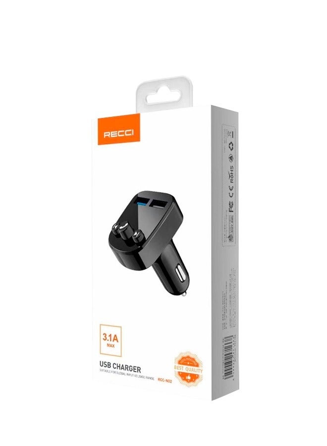 Recci Car charger that contains two USB ports, supports fast charging, a small screen, and buttons to control volume, calls, and signal for all devices - Image 5