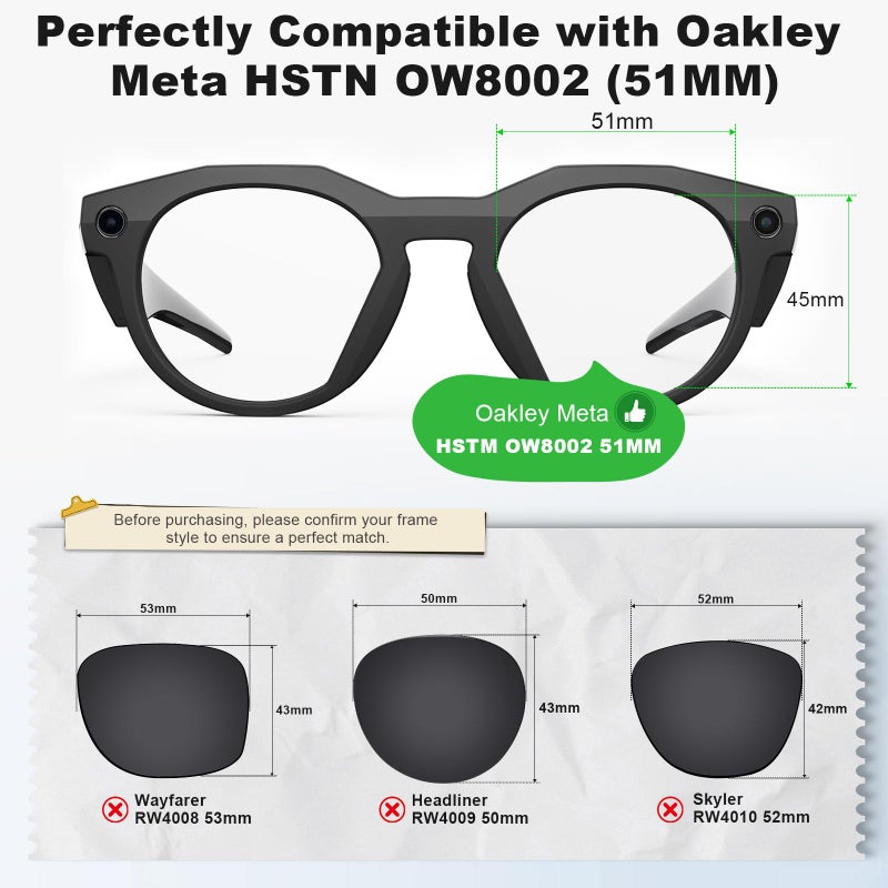 Hexasider Replacement Lenses Compatible with Oakley Meta HSTN OW8002 (51MM) Smart Glasses for Women Men -Options - Image 2