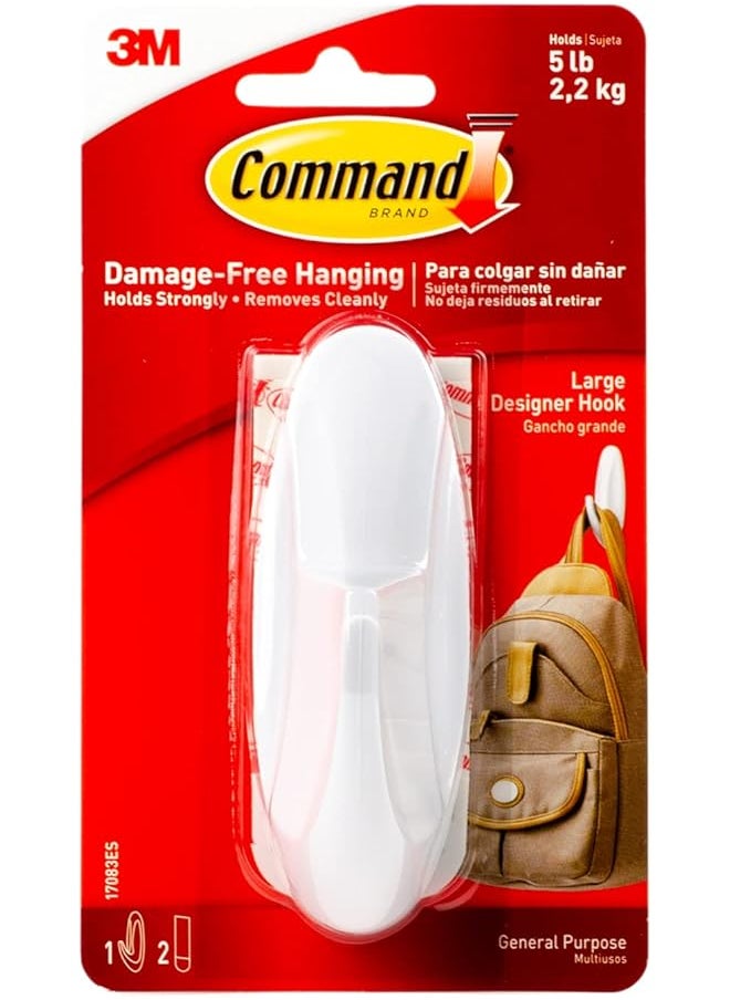 Command Command Designer Large Hook White color, 1 hook + 2 strips/pack | Holds 2.2 kg | Organize | Decoration | No Tools | Holds Strongly | Damage-Free Hanging  - Image 1
