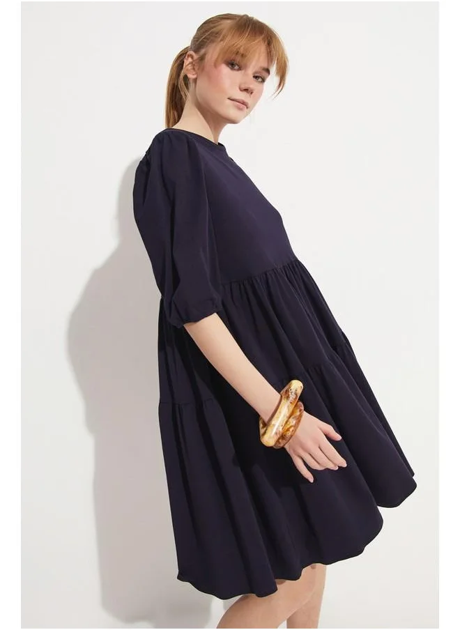 جون June Women Straight Fit Crew Neck Balloon Sleeve Flounce Detailed Mini Knitted Dress Navy