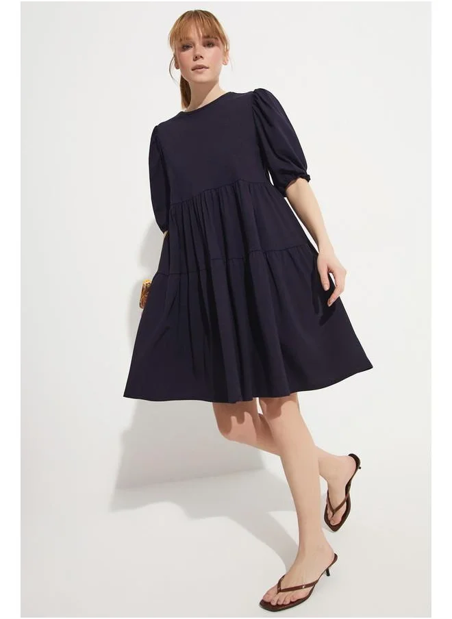 JUNE June Women Straight Fit Crew Neck Balloon Sleeve Flounce Detailed Mini Knitted Dress Navy