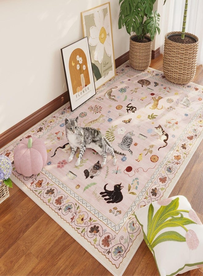 Rugcomf سجادة Rugcomf مقاس 4x6، قابلة للغسل، بتصميم بوهيمي، مانعة للانزلاق، ذات وبر منخفض، مزينة بنقوش زهور وحيوانات وقطط، مناسبة لغرف النوم، غرف الأطفال، المكاتب، وغرف الطعام، لون وردي - Image 1