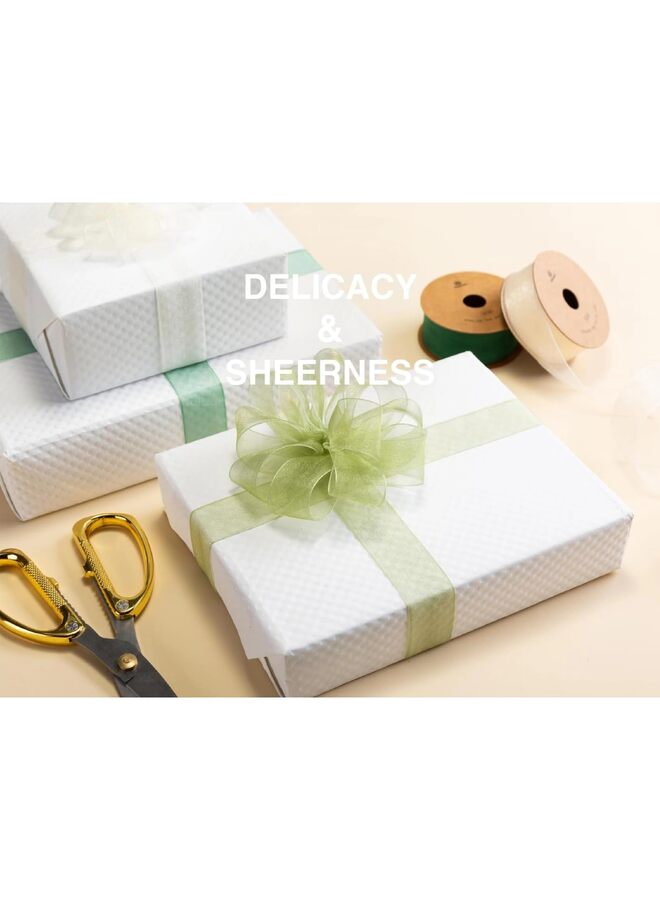 مجموعة شرائط الأورجانزا الملونة والشفافة المصنوعة يدوياً، مناسبة لتغليف الهدايا، والأقواس، ودعوات الزفاف، وتغليف أكاليل الزهور (أخضر داكن، أصفر فاتح، مشمشي). - Image 3