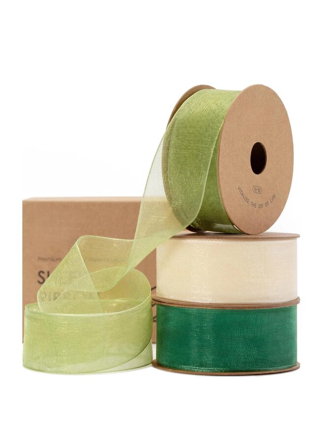 مجموعة شرائط الأورجانزا الملونة والشفافة المصنوعة يدوياً، مناسبة لتغليف الهدايا، والأقواس، ودعوات الزفاف، وتغليف أكاليل الزهور (أخضر داكن، أصفر فاتح، مشمشي). - Image 1