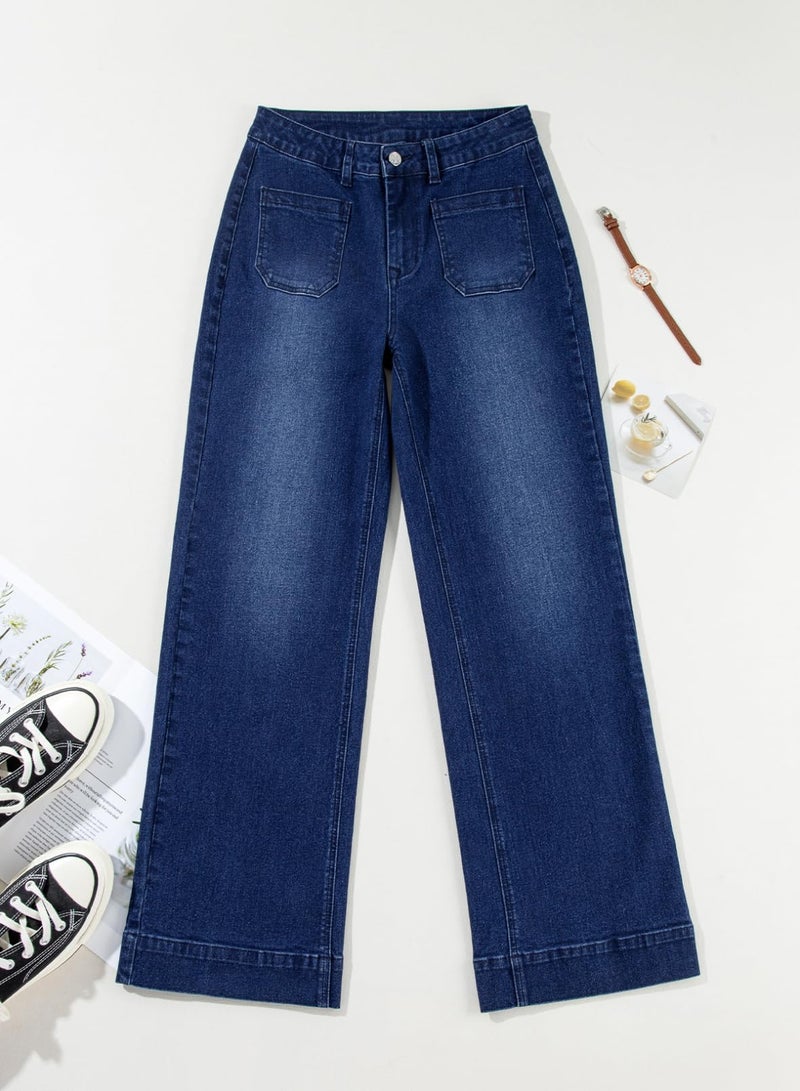 Astylish Womens Pull On Jeans High Waisted Wide Leg Baggy Jean for Women Stretch Denim Pants with Patch Pockets Size 4 Blue Sapphire - Image 3