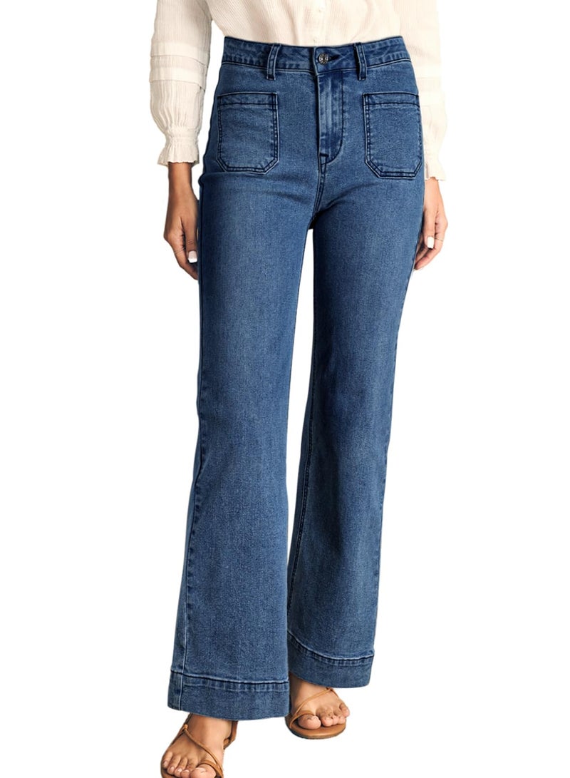 Astylish Womens Pull On Jeans High Waisted Wide Leg Baggy Jean for Women Stretch Denim Pants with Patch Pockets Size 4 Blue Sapphire - Image 1