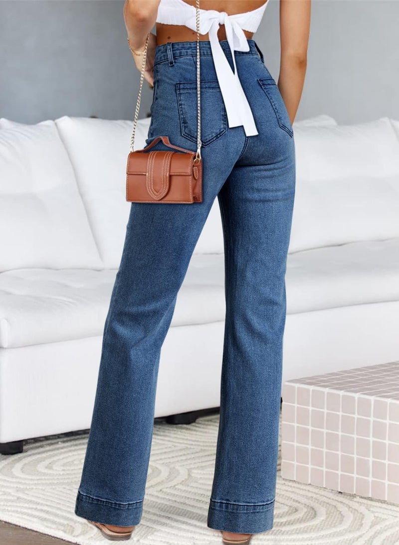 Astylish Womens Pull On Jeans High Waisted Wide Leg Baggy Jean for Women Stretch Denim Pants with Patch Pockets Size 4 Blue Sapphire - Image 2