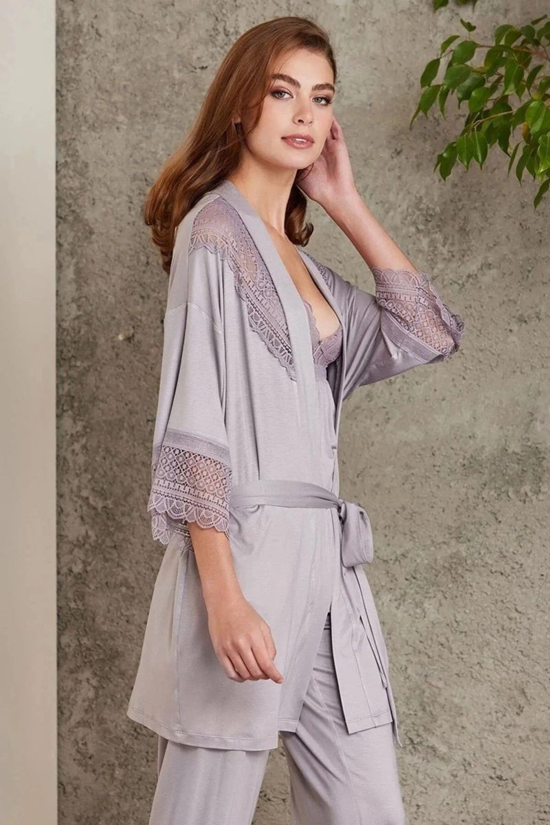 pierre cardin 2820 Women's Combed Cotton Lace Pajama Set with Robe-Royal  - Image 2