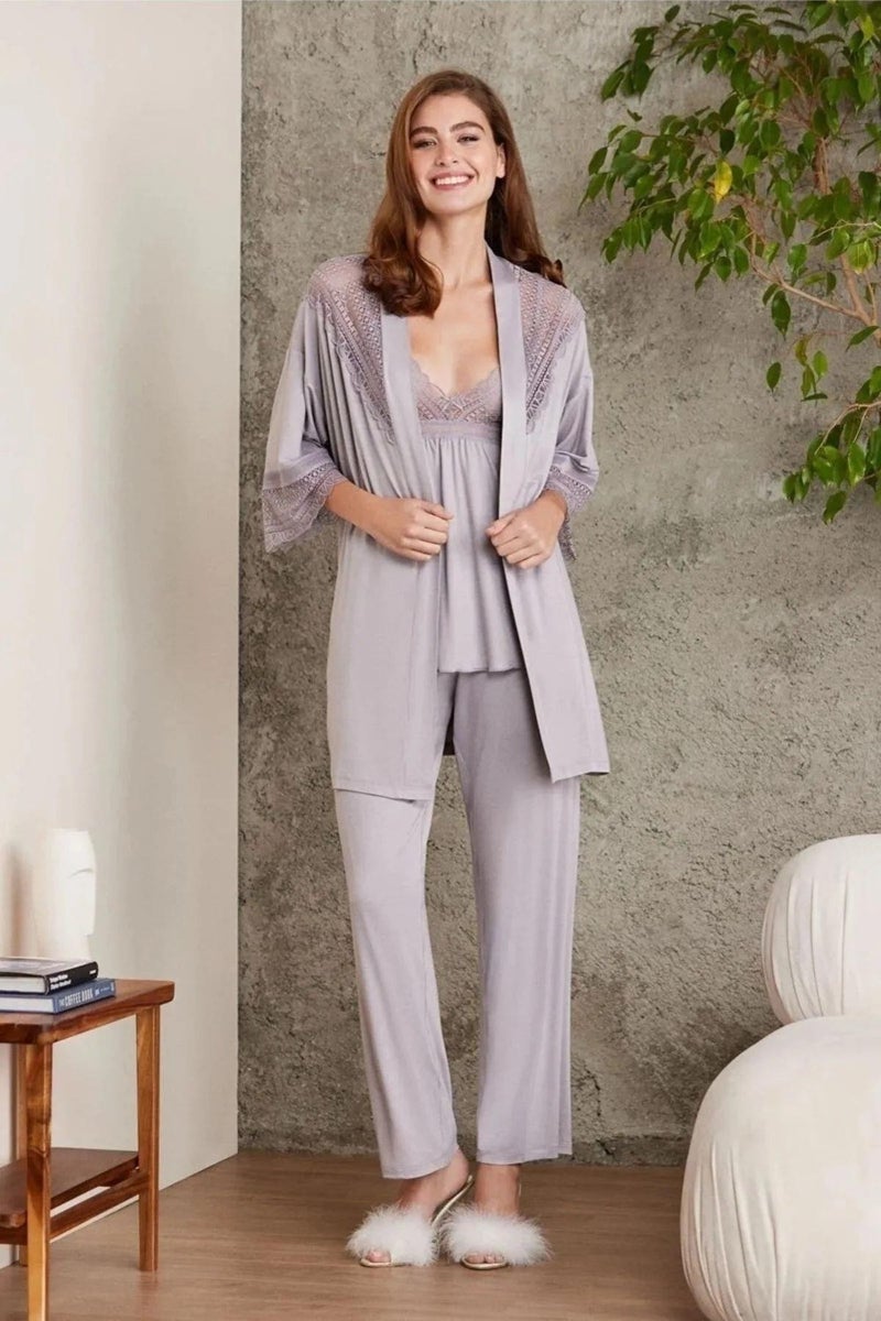pierre cardin 2820 Women's Combed Cotton Lace Pajama Set with Robe-Royal  - Image 1