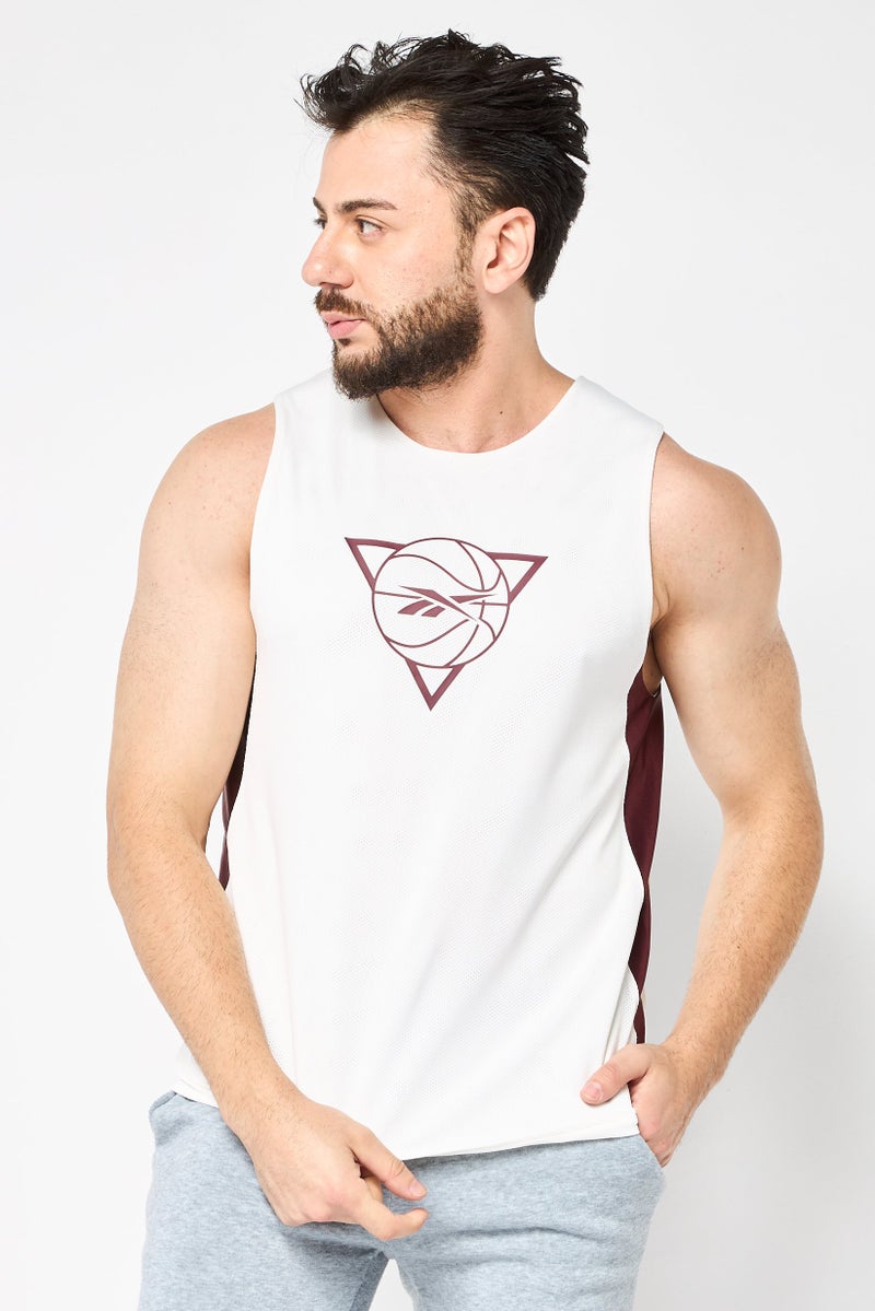 Reebok Men Sportswear Fit Graphic Print Sleeveless Basketball Tank, White - Image 1