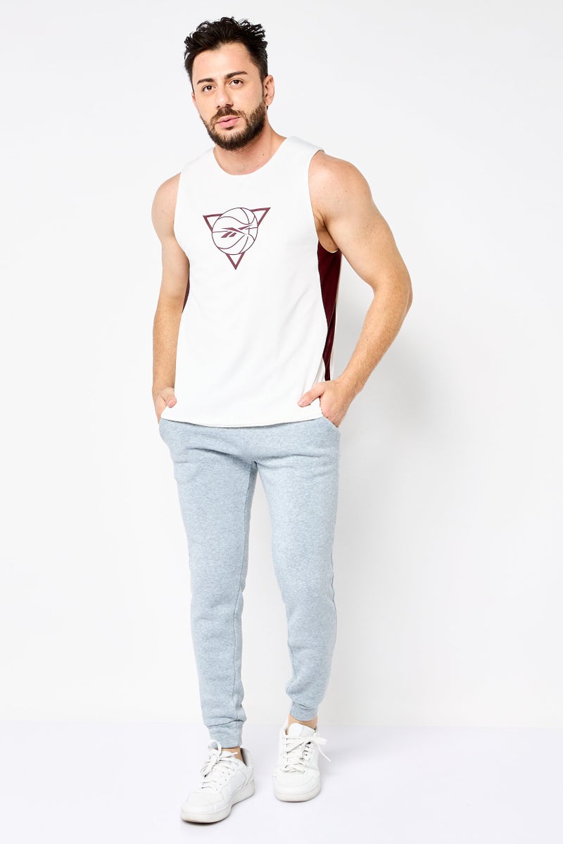 Reebok Men Sportswear Fit Graphic Print Sleeveless Basketball Tank, White - Image 4