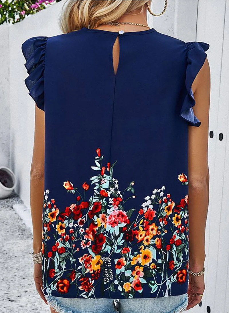YUNIQEE Blue Round Neck Short Sleeves Printed Top