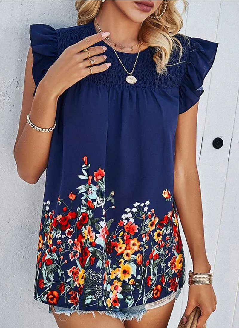 YUNIQEE Blue Round Neck Short Sleeves Printed Top