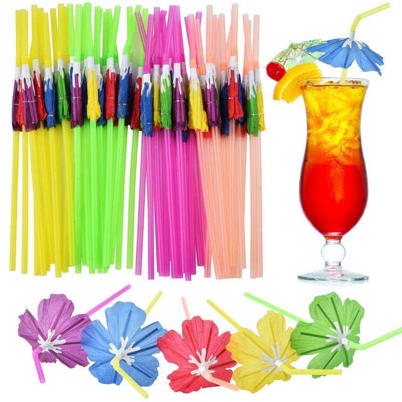 ALINK 50pcs Umbrella Straws  Long Cocktail Drink Umbrellas Fancy Flower Bar Straws for Tropical Summber Beach Luau Tiki Hawaiian Party Decorations - Hibiscus - Image 1