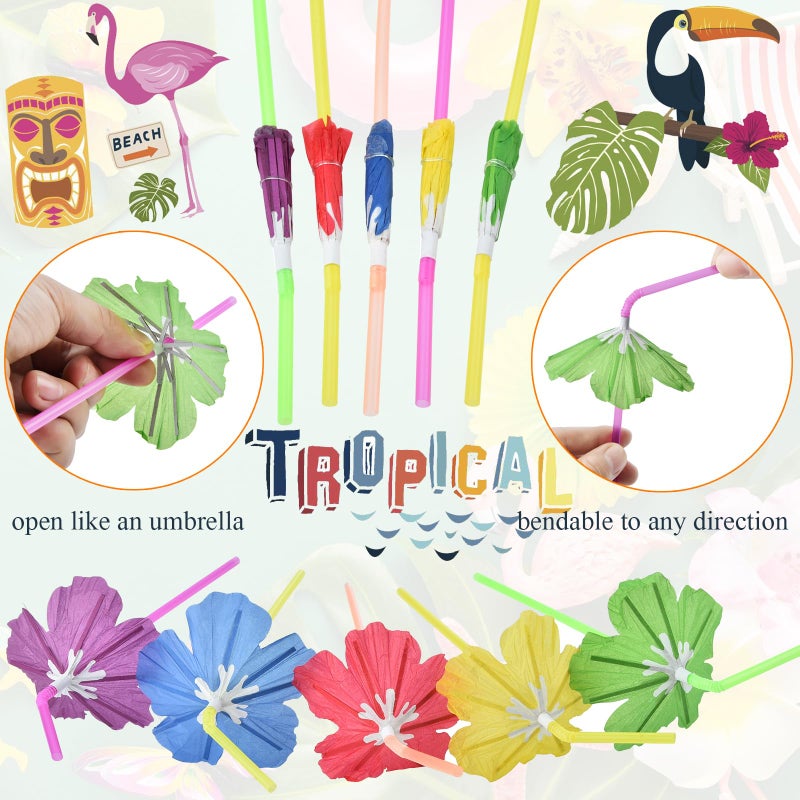 ALINK 50pcs Umbrella Straws  Long Cocktail Drink Umbrellas Fancy Flower Bar Straws for Tropical Summber Beach Luau Tiki Hawaiian Party Decorations - Hibiscus - Image 2