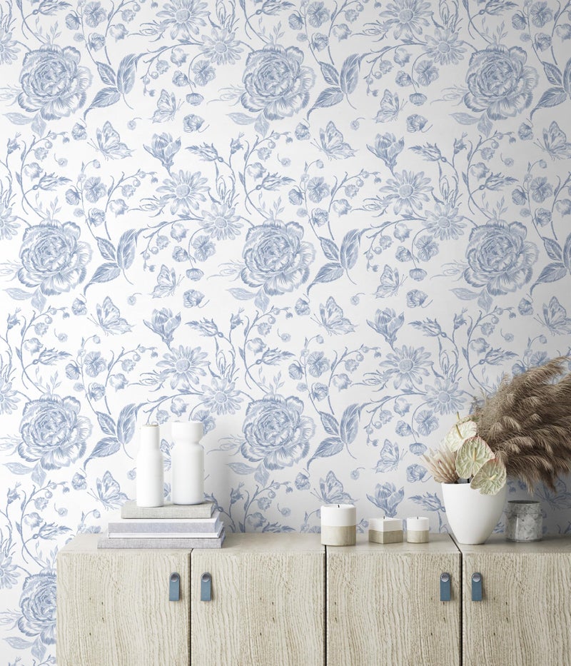 Micpolo Blue Peel and Stick Wallpaper Floral Wall Paper Boho Embroidered Contact Paper Bedroom Bathroom Wallpaper Navy Blue and White Removable Self-Adhesive Kitchen Wall Decor Vinyl Roll 17.3" x 78" - Image 5