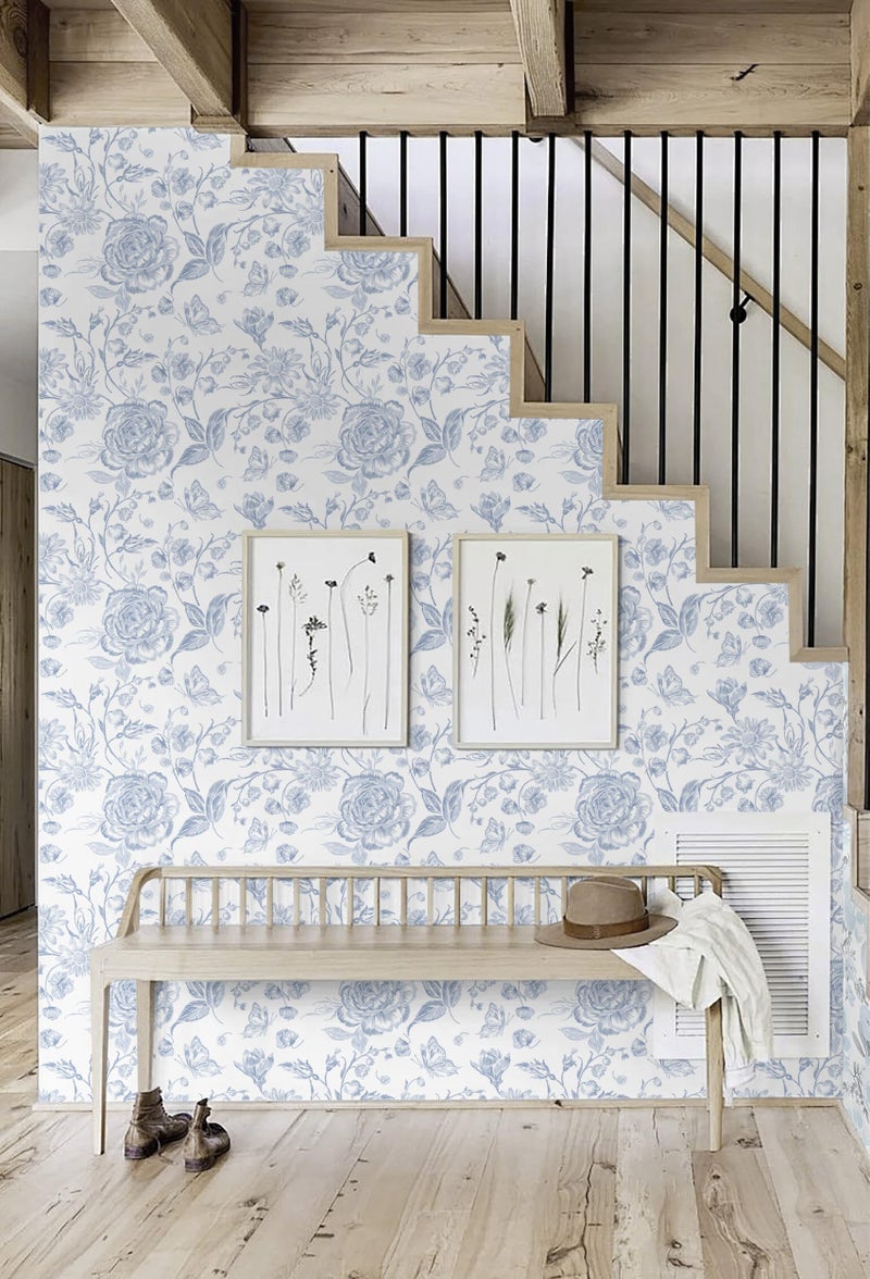 Micpolo Blue Peel and Stick Wallpaper Floral Wall Paper Boho Embroidered Contact Paper Bedroom Bathroom Wallpaper Navy Blue and White Removable Self-Adhesive Kitchen Wall Decor Vinyl Roll 17.3" x 78" - Image 3