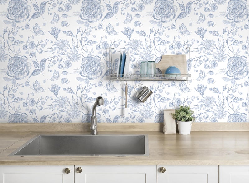 Micpolo Blue Peel and Stick Wallpaper Floral Wall Paper Boho Embroidered Contact Paper Bedroom Bathroom Wallpaper Navy Blue and White Removable Self-Adhesive Kitchen Wall Decor Vinyl Roll 17.3" x 78" - Image 2
