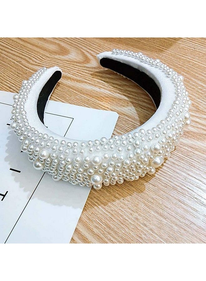 Suoirblss أشرطة رأس مخملية مبطنة للنساء مزينة باللؤلؤ الاصطناعي عصرية أشرطة شعر عتيقة عريضة (بيضاء) - Image 2