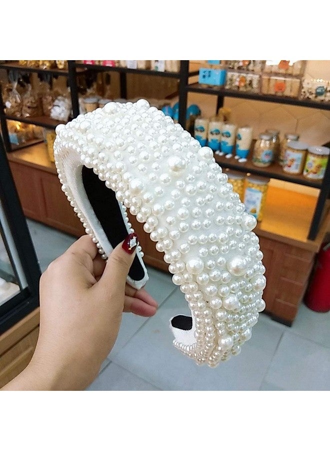 Suoirblss أشرطة رأس مخملية مبطنة للنساء مزينة باللؤلؤ الاصطناعي عصرية أشرطة شعر عتيقة عريضة (بيضاء) - Image 3