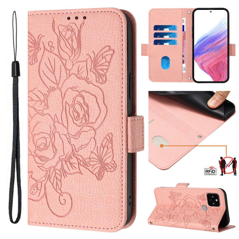 HuHa Protective Cover For Google Pixel 5 Embossed Rose RFID Anti-theft Leather Phone Case(Pink) - Image 1