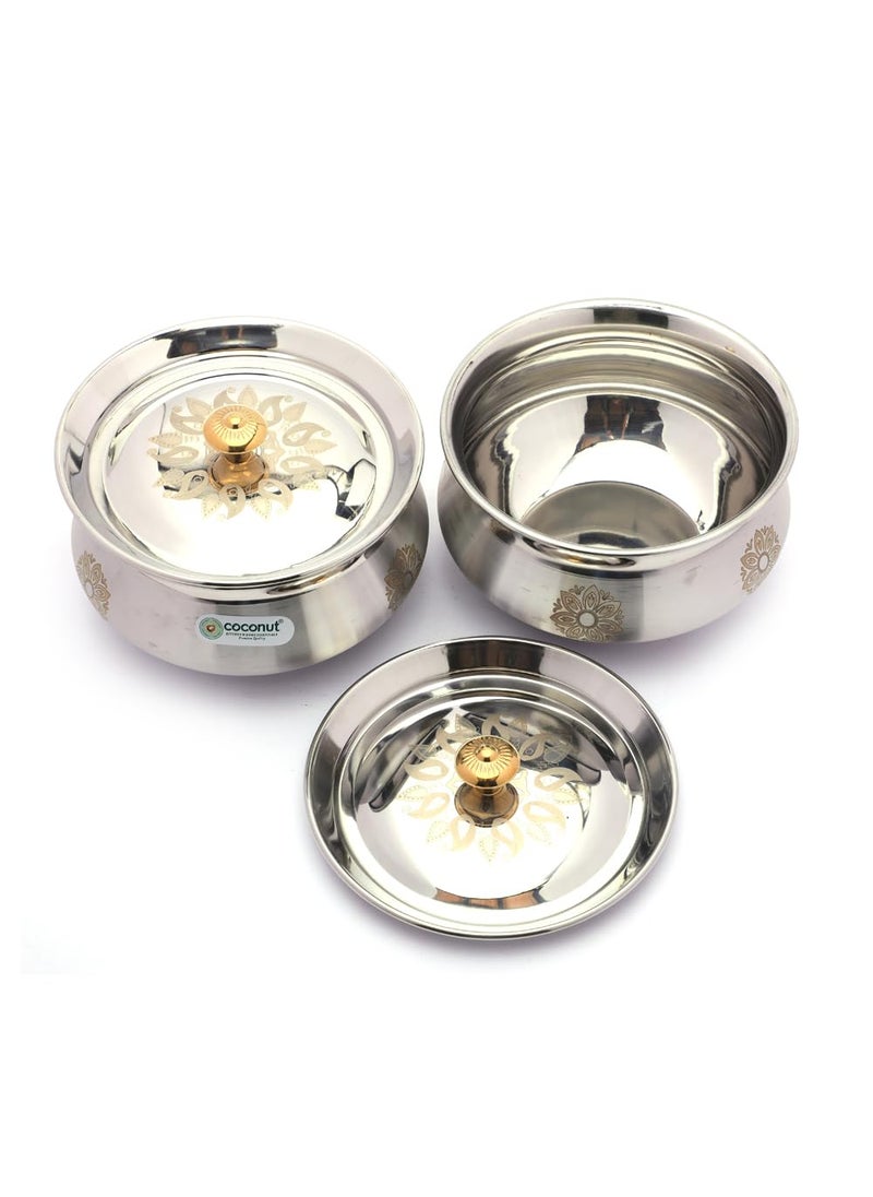 Coconut coconut Stainless Steel Cook-n-Serve Laser Design Handi with SS Lid - Set of 2 (1300 ML Each)  - Image 1