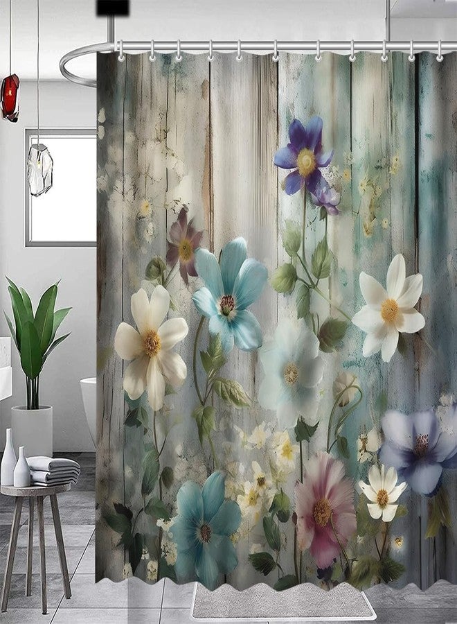 MEHOFOND Rustic Farmhouse Shower Curtain, Colorful Flowers Shower Curtain,Farm Teal Floral on Country Wooden Shower Curtain,Country Blue Wild Garden Plant Fabric Curtains for Bathroom 72x 72 inch - Image 1
