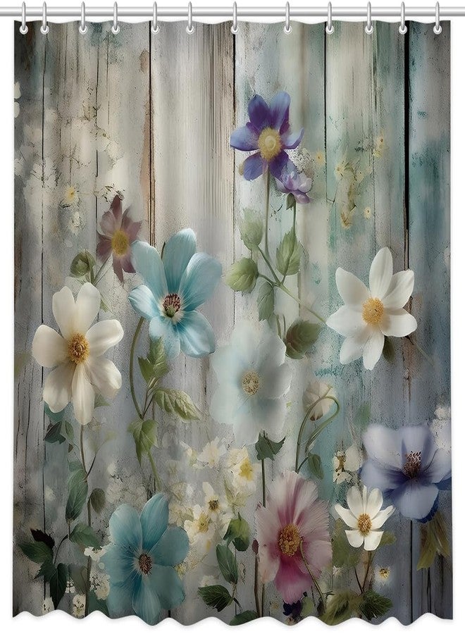 MEHOFOND Rustic Farmhouse Shower Curtain, Colorful Flowers Shower Curtain,Farm Teal Floral on Country Wooden Shower Curtain,Country Blue Wild Garden Plant Fabric Curtains for Bathroom 72x 72 inch - Image 2