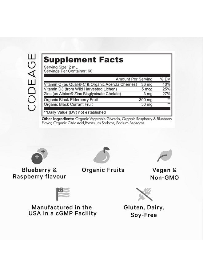Codeage Elderberry Vitamins Pro - Organic Black Elderberry Liquid Drops - Vitamin C, D3, Zinc, Black Currant - 2-Month Supply - Black Sambucus Liquid - Supplement for Adults & Kids - 4 fl oz - Image 2
