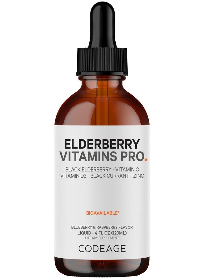 Codeage Elderberry Vitamins Pro - Organic Black Elderberry Liquid Drops - Vitamin C, D3, Zinc, Black Currant - 2-Month Supply - Black Sambucus Liquid - Supplement for Adults & Kids - 4 fl oz - Image 1