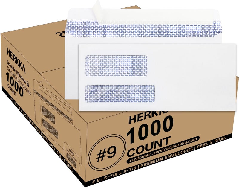 HERKKA #9 Double Window Security Envelopes, HERKKA No.9 Double Window Business Envelopes Designed for Quickbooks Invoices and Business Statements - Number 9 Size 3 7/8 Inch X 8 7/8 Inch - 24 LB - 1000 Pack - Image 1
