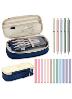 Henoyso 18 Pcs Aesthetic School Supplies Include Big Capacity Pen Case Bag With Zipper 12 Pcs Chisel Tip Aesthetic Cute Highlighters 5 Pcs Quick Dry Retractable Black Ink Pens For Students(Navy Blue)  - Image 2