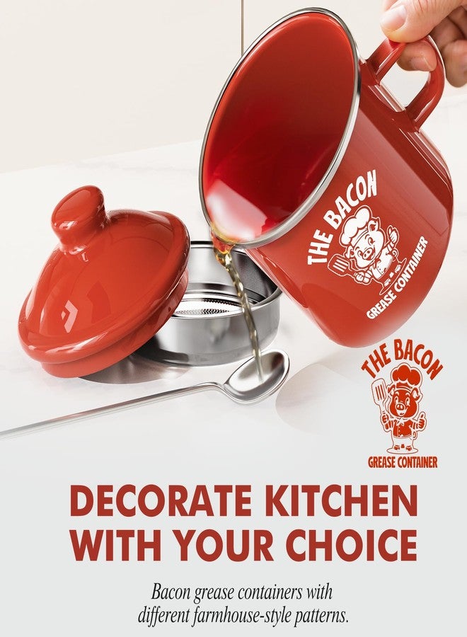 PGYARD Mini Bacon Grease Saver With Strainer - 15OZ Enamel Grease Container, Farmhouse Bacon Grease Keeper For Kitchen Fat Storage, Dishwasher Safe-Red - Image 2