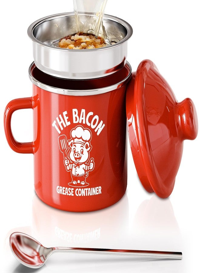 PGYARD Mini Bacon Grease Saver With Strainer - 15OZ Enamel Grease Container, Farmhouse Bacon Grease Keeper For Kitchen Fat Storage, Dishwasher Safe-Red - Image 1