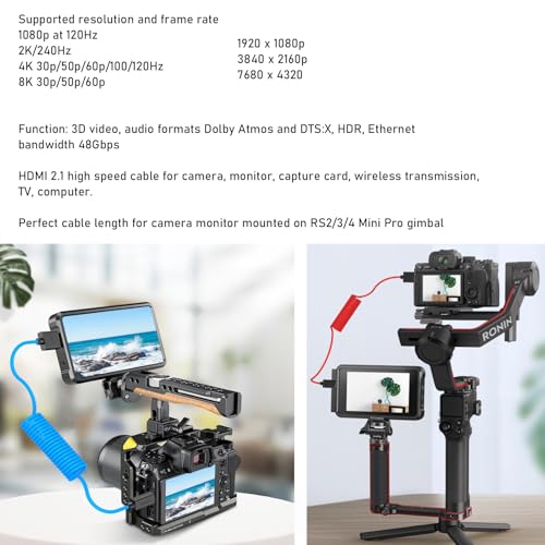 HangTon HDMI 8K 4K Cable for ATOMOS Ninja V Shinobi Sony FX3 A7RV Canon R5II Lumix Nikon Z6III BMPCC6K TV Computer Camera Monitor Gimbal FEELWORLD Portkeys SmallHD Down Angled 50cm Spiral - Image 3