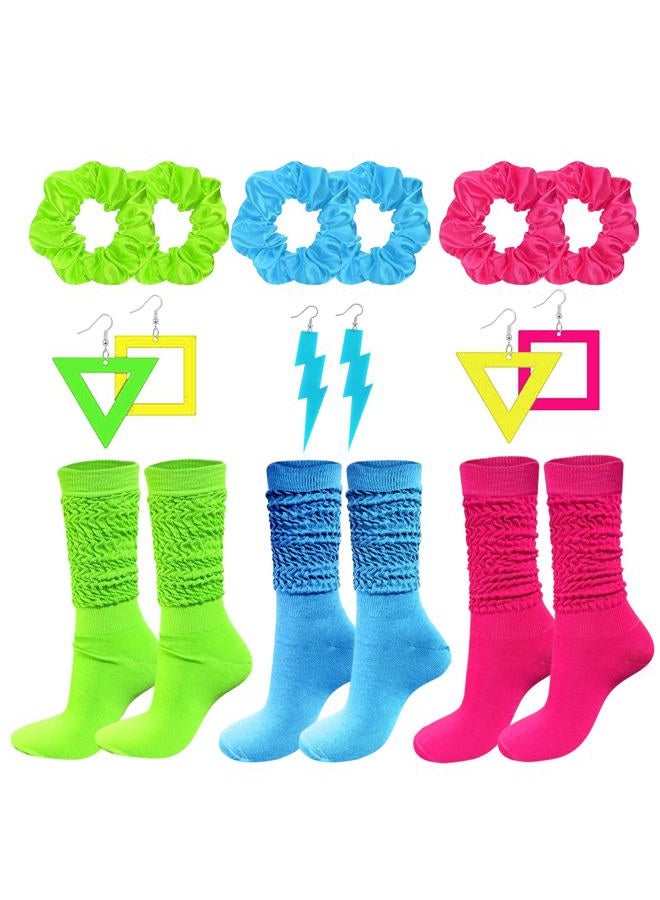 WILLBASIC 80s Costume Accessories for Women Neon Scrunch Socks Hair Scrunchies Earrings for 80s Retro Party Halloween, Multi, Standard - Image 1