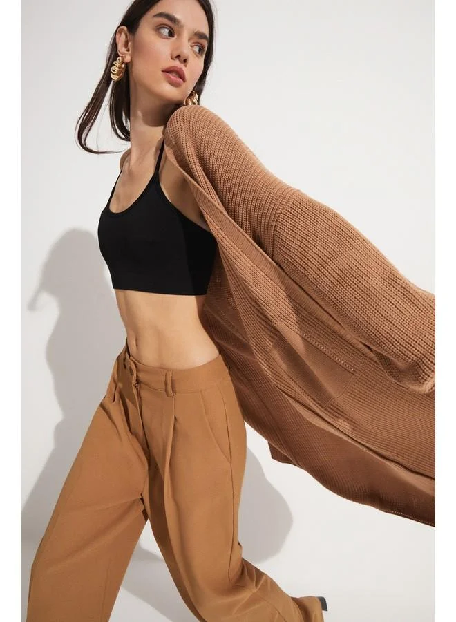 جون June Balloon Sleeve Long Knitwear Cardigan Tan