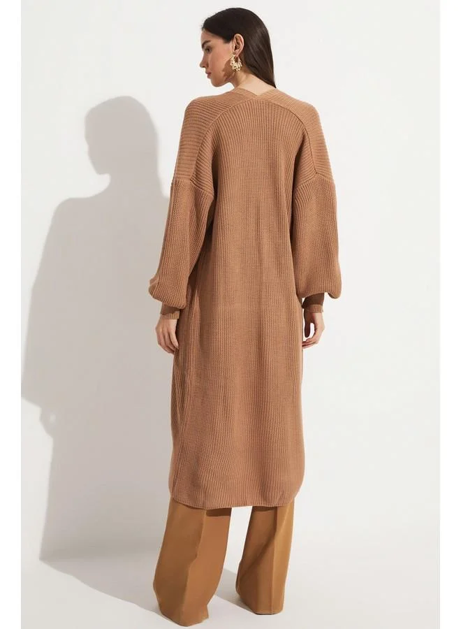 جون June Balloon Sleeve Long Knitwear Cardigan Tan