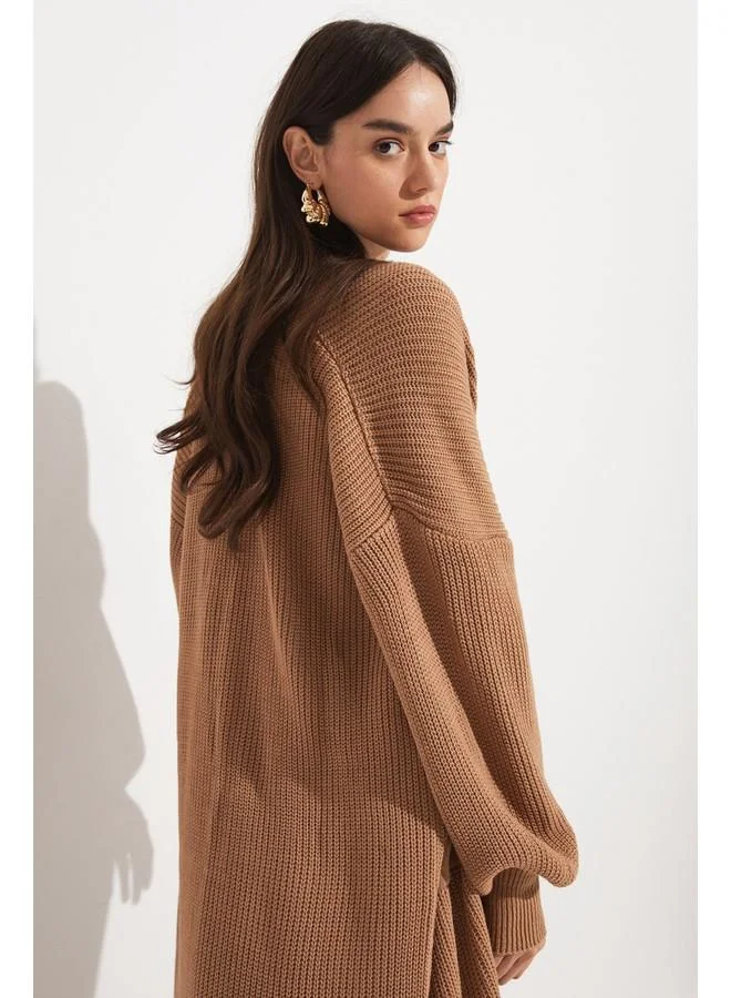 جون June Balloon Sleeve Long Knitwear Cardigan Tan